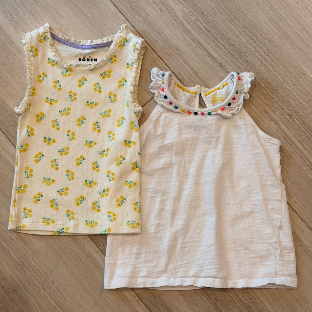 Mini Boden Tank Top Lot of 2 Floral Pointelle Pom Pom Ruffle Summer 4-5Y EUC